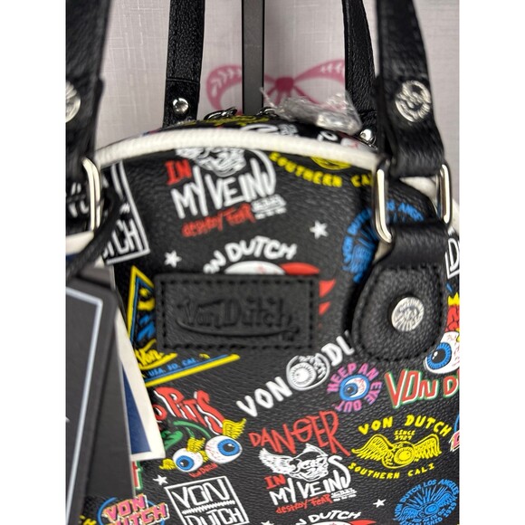 Von Dutch Jax Bowler Bag – Black Graffiti Logo Print Y2K Satchel - Picture 2 of 6